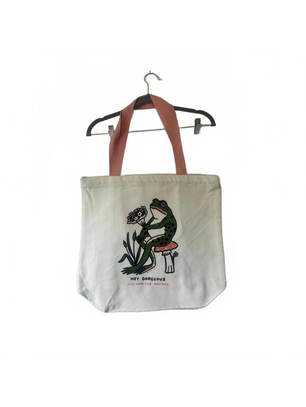 Stay Home Club Hey Gorgeous Frog Canvas Tote Bag with Zipper